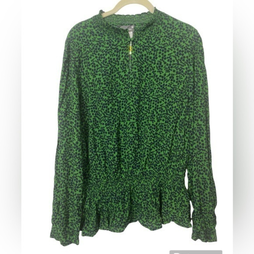 Green Long Sleeve Printed Peplum Top